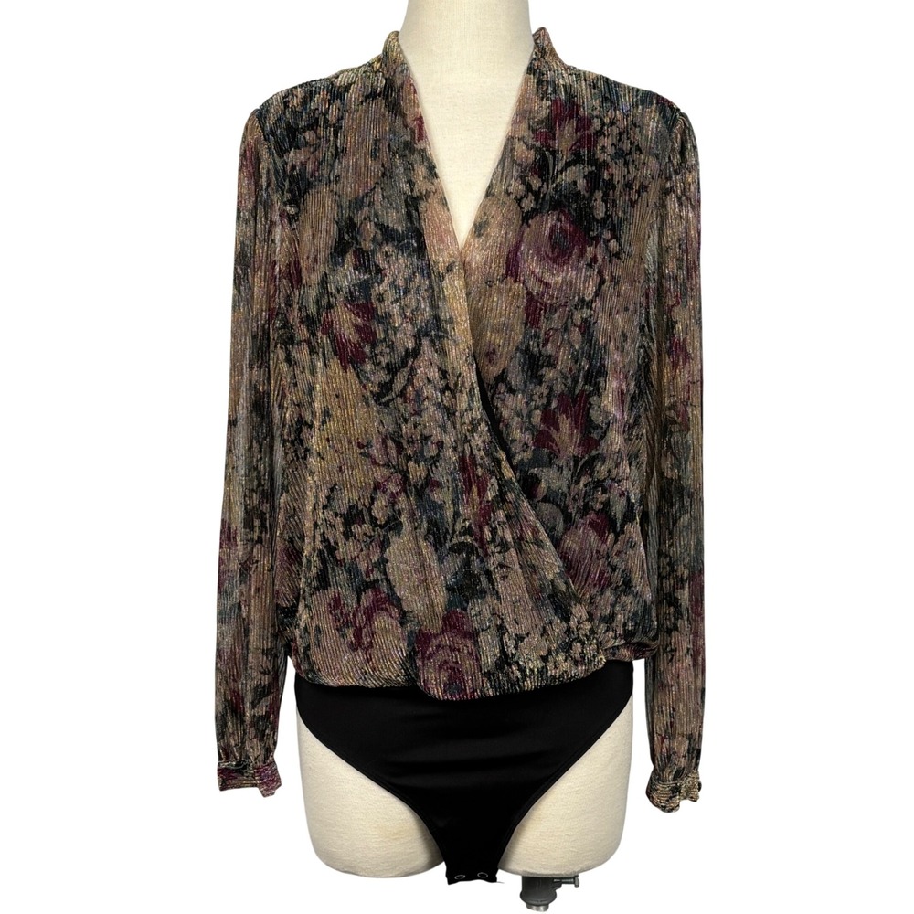 LC Lauren Conrad Metallic Floral Bodysuit M Surplice V Neck Sheer Pleated Top